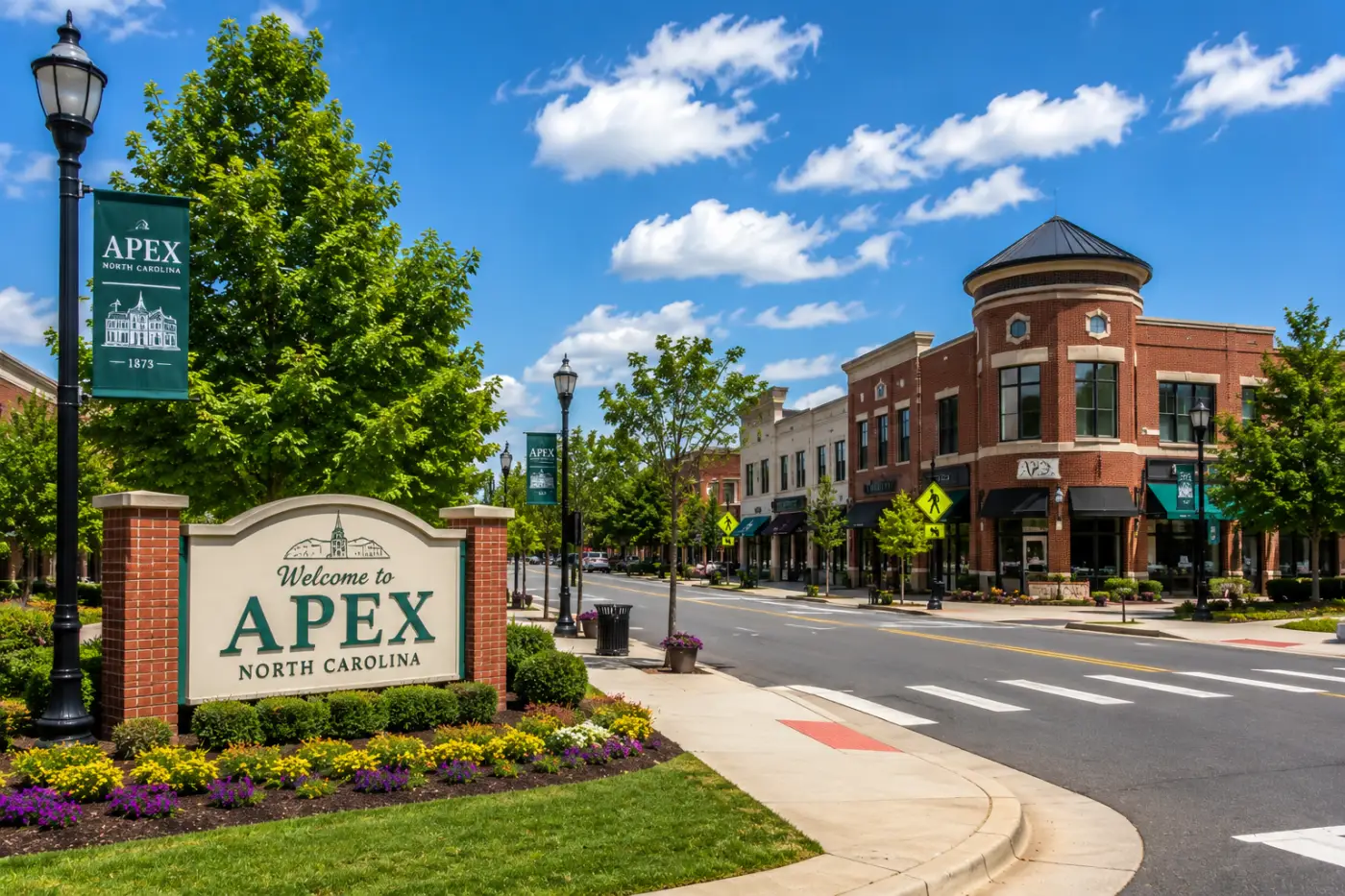 Historic downtown Apex NC welcome sign — garage door service area