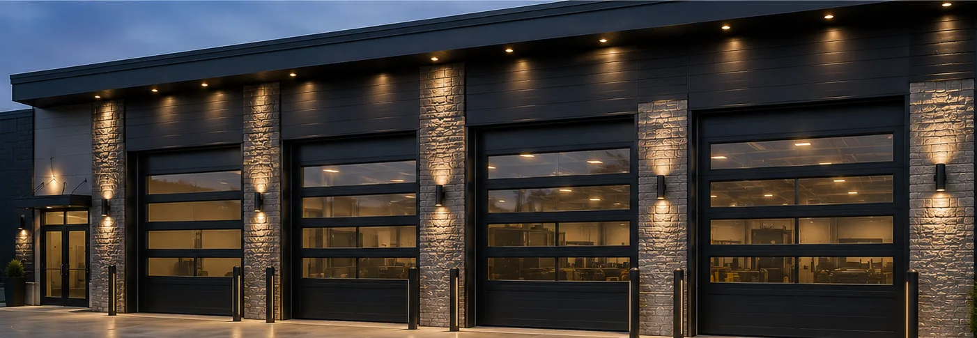 After: modern black full-view aluminum garage doors with stone columns and warm lighting on a Durham NC commercial building