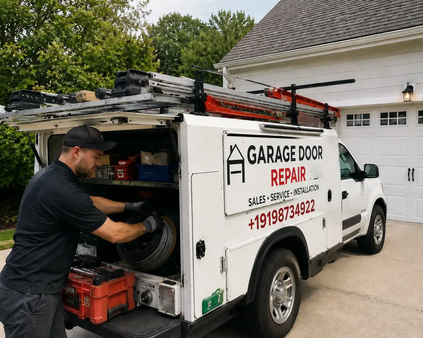 Garage Door Repair Durham NC service truck with a technician unloading cable in a residential driveway