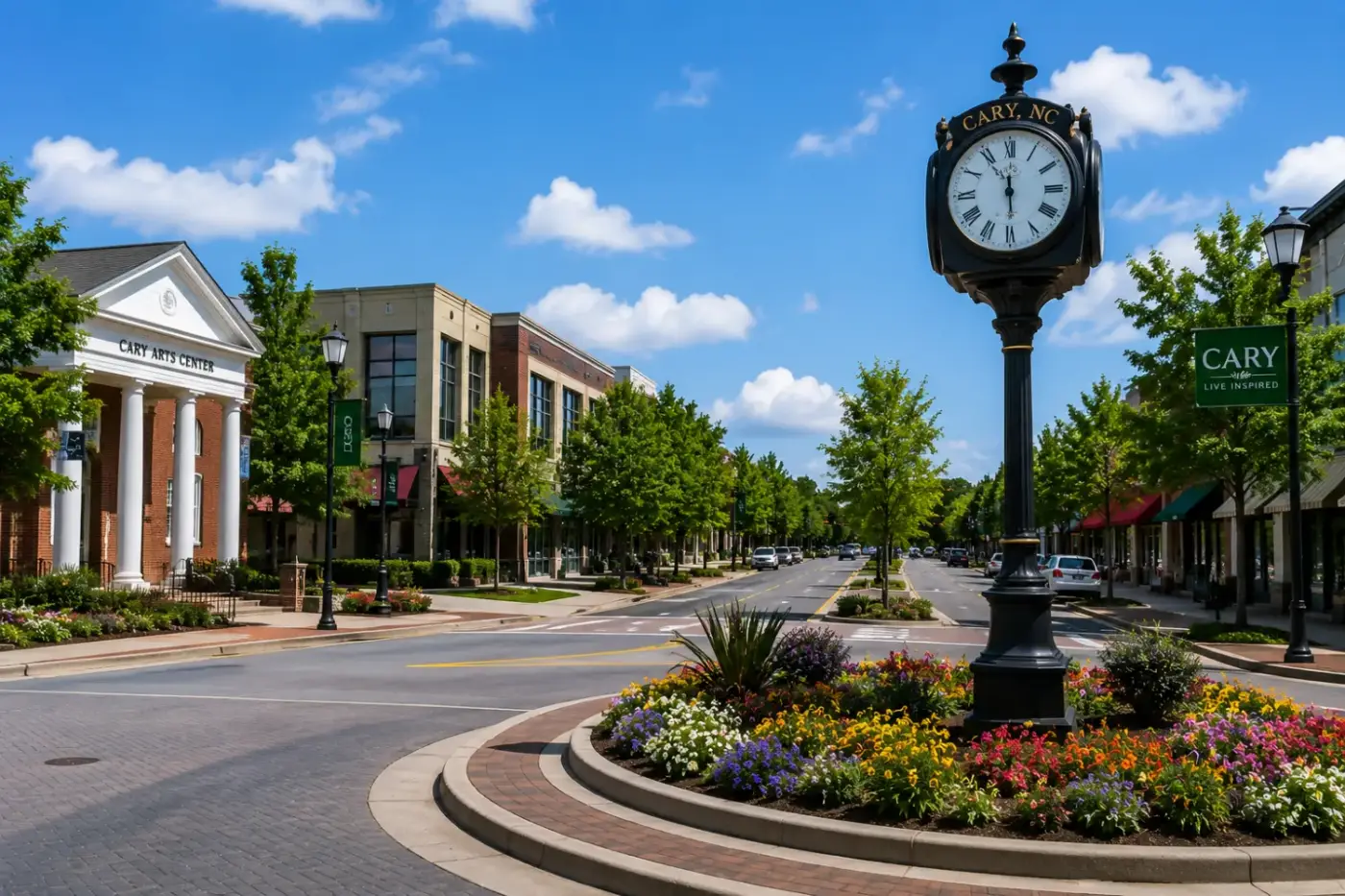 Downtown Cary NC with its clock tower — garage door service area