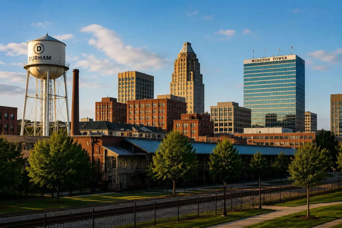 Durham NC downtown skyline with the historic water tower — garage door repair service area