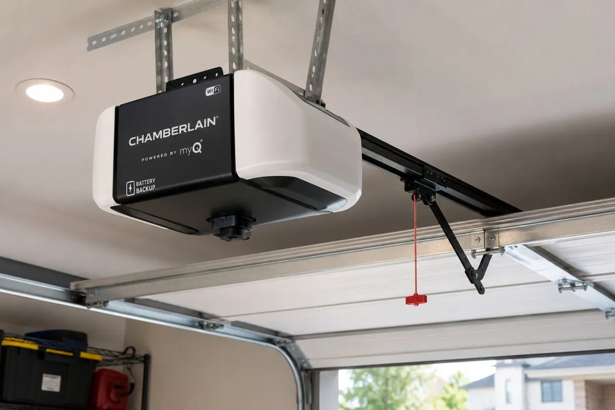 Garage door opener motor mounted on the ceiling rail