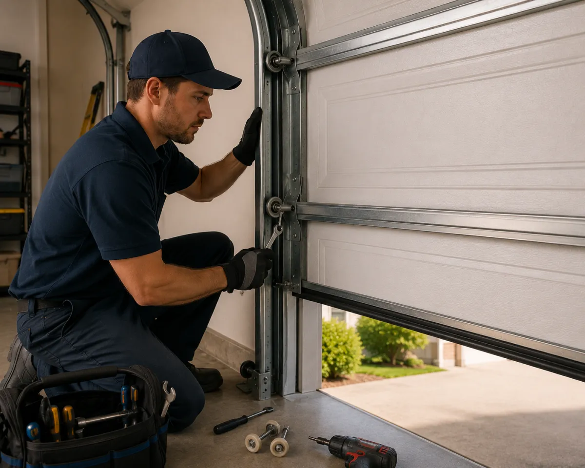 Off-track garage door realigned with new rollers in Five Points, Raleigh NC