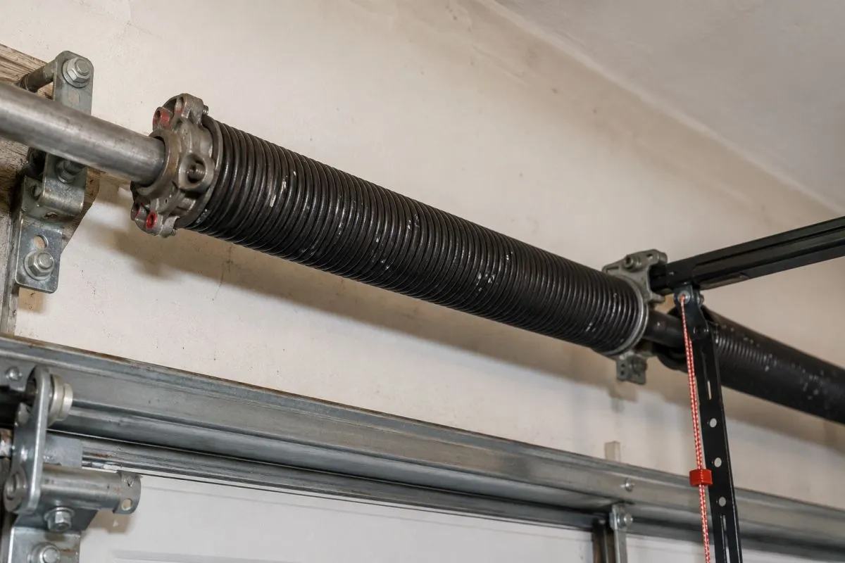 Close-up of a garage door torsion spring assembly