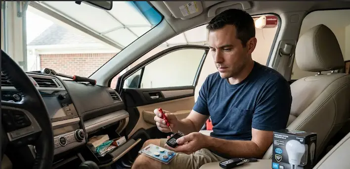 Garage door remote maintenance habits showing remote control battery check and opener system care