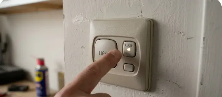 Garage door opener security lock feature engaged showing locked control mode on wall panel
