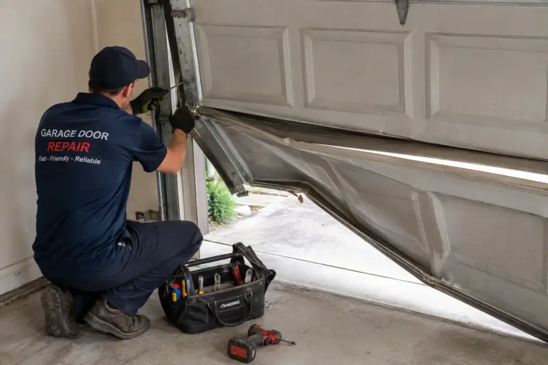 Broken Garage Door Repair Durham NC Broken garage door repair Durham NC technician fixing an off-track panel