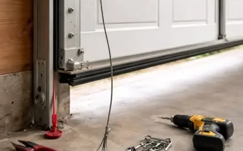 Garage door cable repair with track and sensor fixing in Durham NC